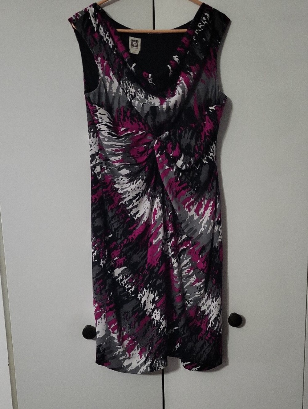 Anne Klein Magenta Black Gray White Abstract Draped Midi Dress
